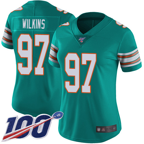 Nike Miami Dolphins #97 Christian Wilkins Aqua Green Alternate Women Stitched NFL 100th Season Vapor Limited Jersey->women nfl jersey->Women Jersey